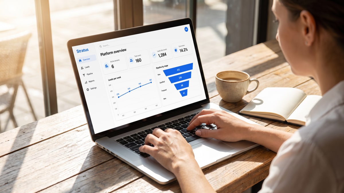 Product manager reviewing a CRM platform overview dashboard on a laptop in a sunny cafe, with lead growth by week and pipeline stages
