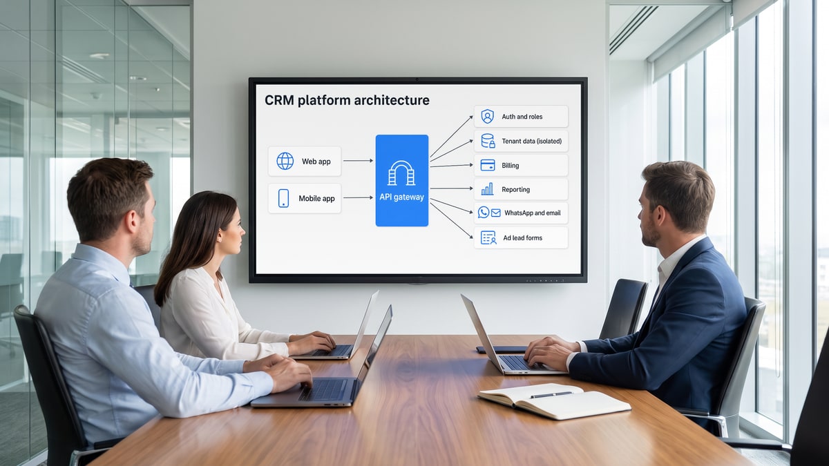 Three colleagues in a glass meeting room reviewing a CRM platform architecture diagram on a wall display, from web and mobile apps through an API gateway to auth, tenant data, billing and reporting