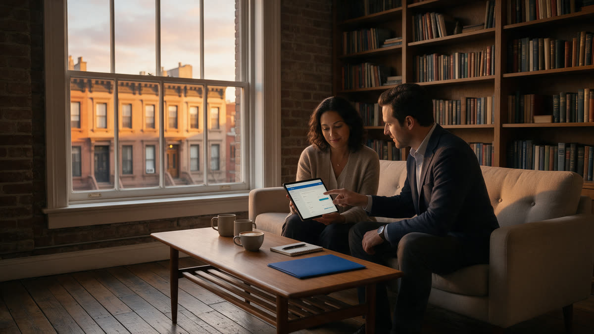 Advisor walking a client through a secure WordPress client portal on a tablet