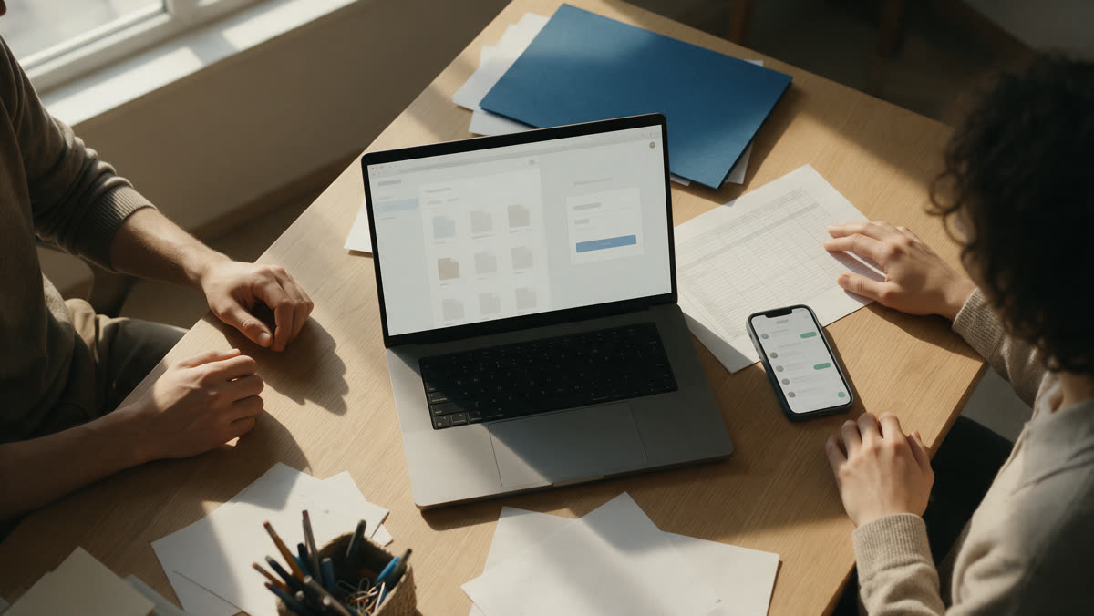 Consultancy desk with a laptop showing a WordPress document library and sign-in panel, a spreadsheet and a phone chat